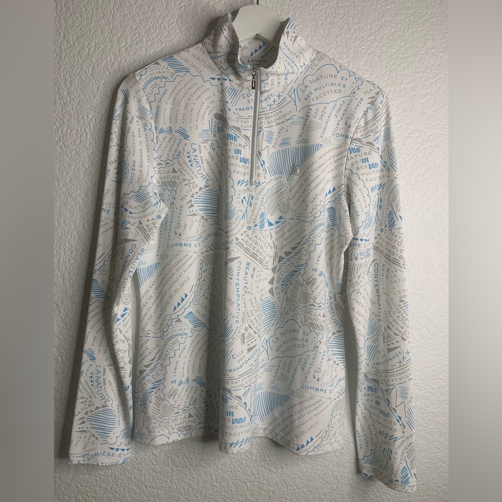 Lanvin White and Blue Graphic Half-Zip Top